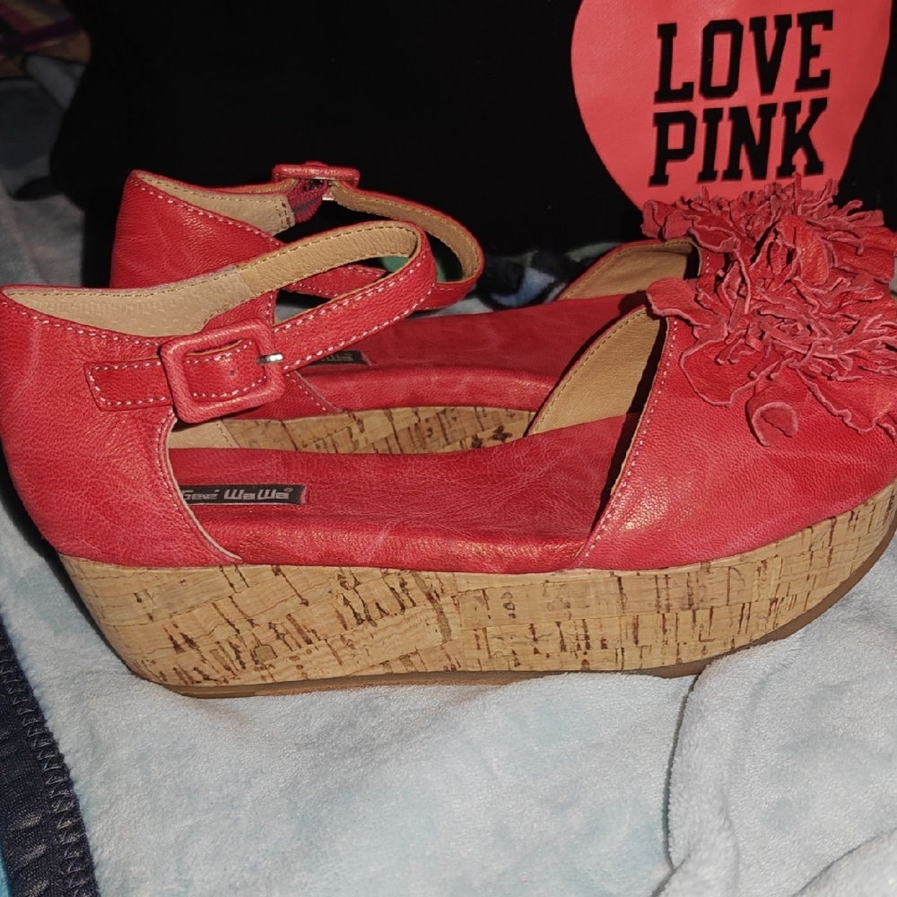 Red Strappy Wedge Shoes with Cork Sole